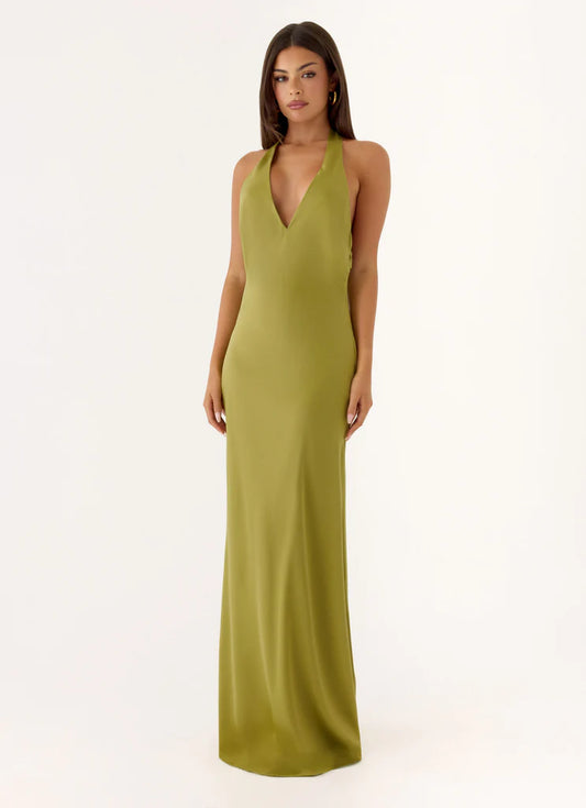 Olive Green Satin Halter Neck Maxi Prom Dress with Open Back and Tie Detail