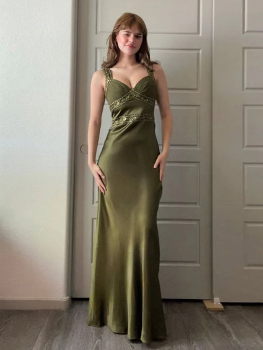 Olive Green Satin Maxi Prom Dresses with Thin Straps Sweetheart Neck Beaded Trim Mermaid Skirt for Prom and Wedding Guest