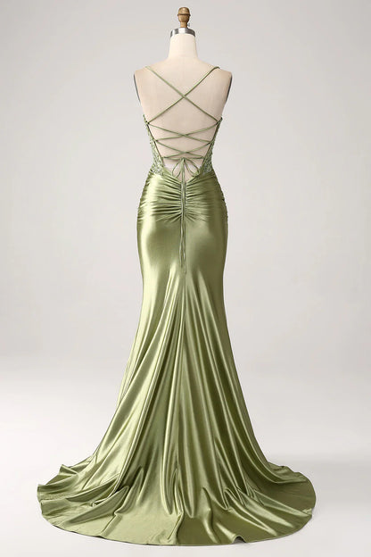 Olive Green Satin Spaghetti Strap Lace Applique Mermaid Prom Dress with Slit