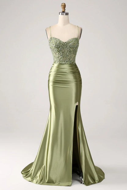 Olive Green Satin Spaghetti Strap Lace Applique Mermaid Prom Dress with Slit