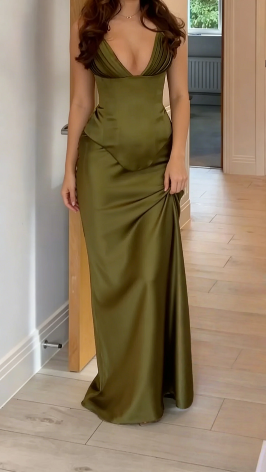 Olive Green Spaghetti Strap Prom Dress With Pleated V Neck And Corset Back Satin Mermaid Formal Prom Dress