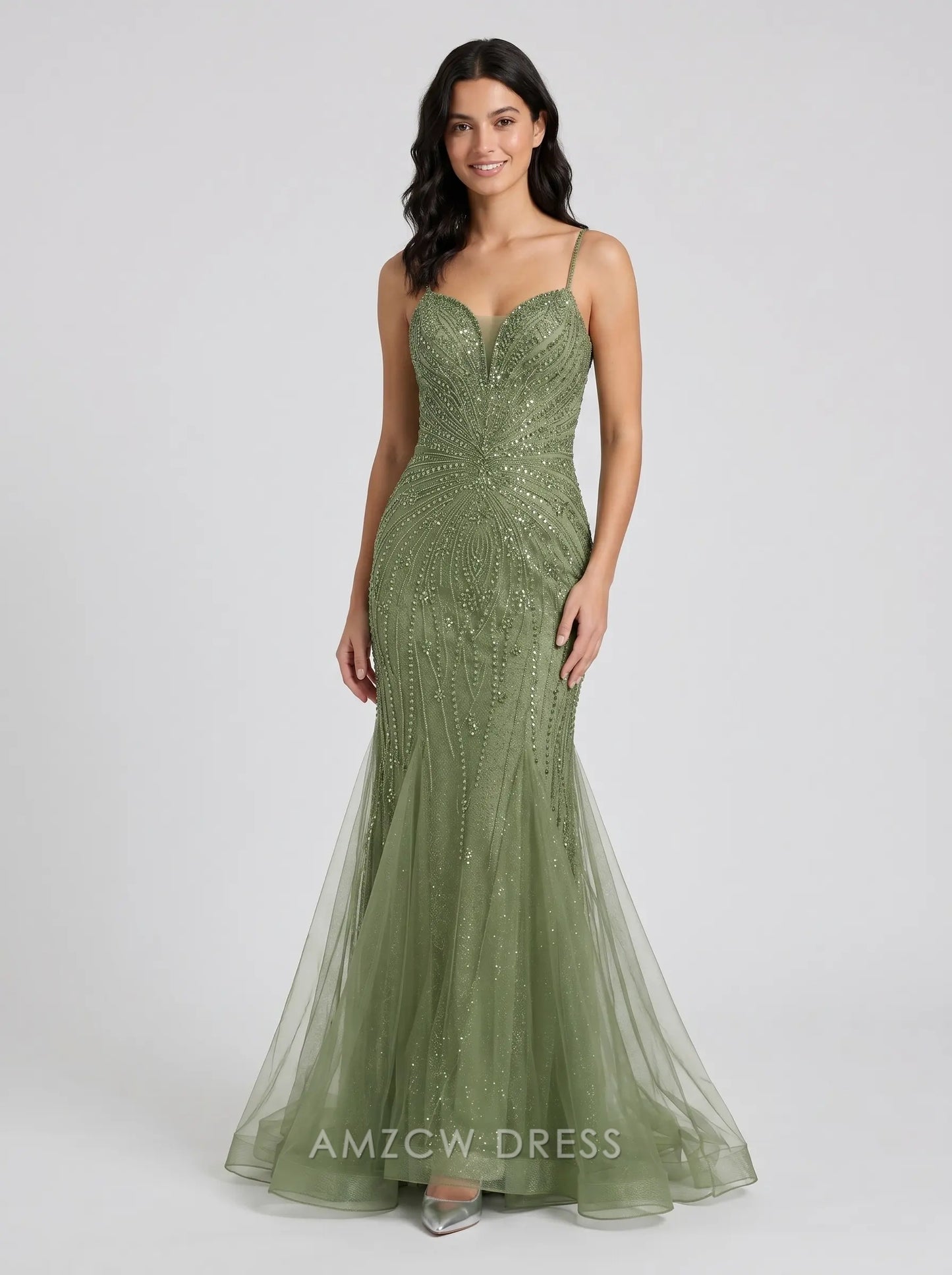 Olive Green Spaghetti Strap Sweetheart Beaded Lace-Up Back Tulle Mermaid Formal Evening Prom Dress