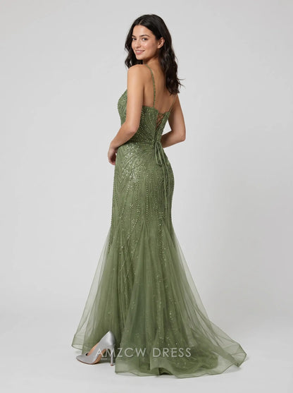 Olive Green Spaghetti Strap Sweetheart Beaded Lace-Up Back Tulle Mermaid Formal Evening Prom Dress