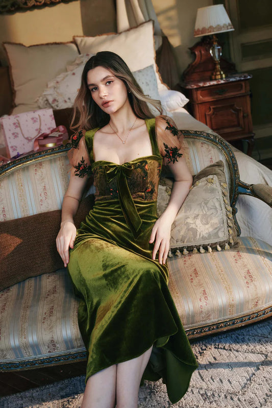 Olive Green Velvet Midi Dresses with Square Neck Sheer Tulle Bodice Floral Embroidered Puff Sleeves Velvet Bow and Flared Midi Skirt