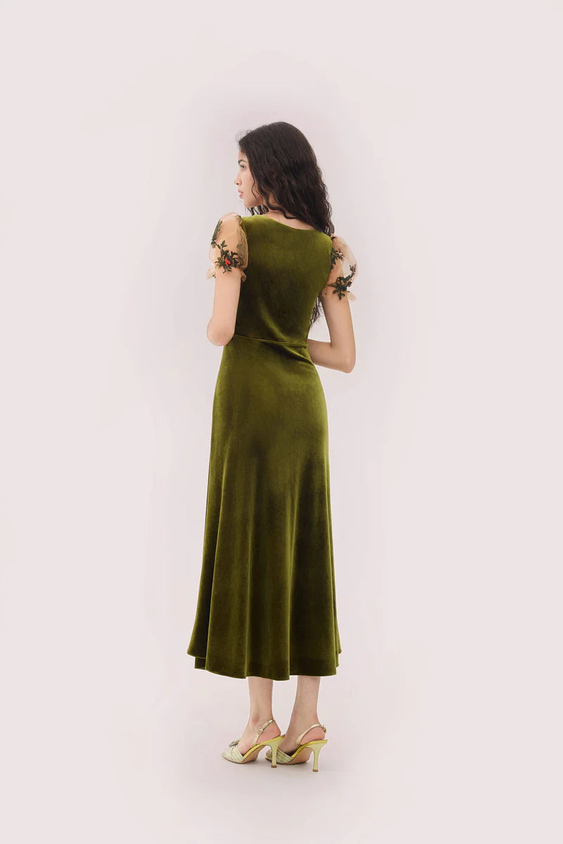 Olive Green Velvet Midi Dresses with Square Neck Sheer Tulle Bodice Floral Embroidered Puff Sleeves Velvet Bow and Flared Midi Skirt