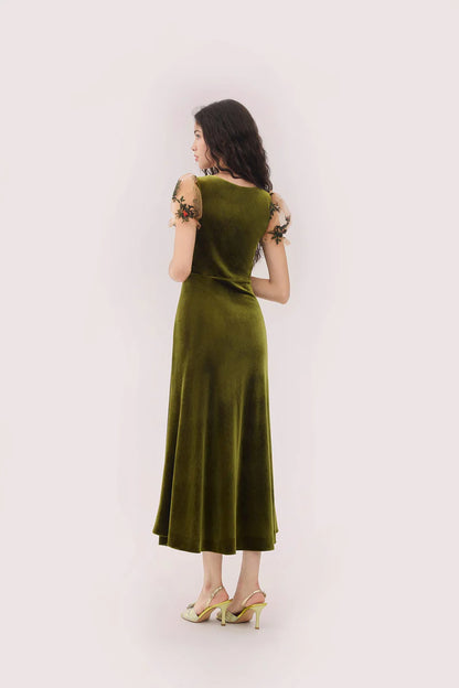 Olive Green Velvet Midi Dresses with Square Neck Sheer Tulle Bodice Floral Embroidered Puff Sleeves Velvet Bow and Flared Midi Skirt