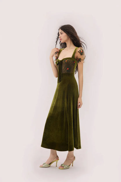 Olive Green Velvet Midi Dresses with Square Neck Sheer Tulle Bodice Floral Embroidered Puff Sleeves Velvet Bow and Flared Midi Skirt