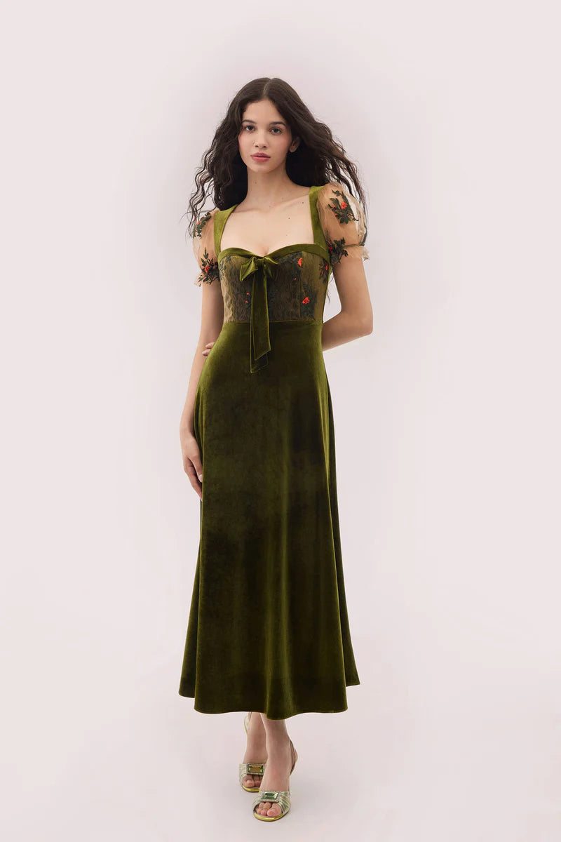 Olive Green Velvet Midi Dresses with Square Neck Sheer Tulle Bodice Floral Embroidered Puff Sleeves Velvet Bow and Flared Midi Skirt