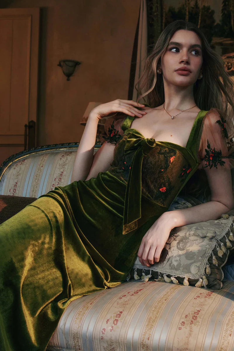Olive Green Velvet Midi Dresses with Square Neck Sheer Tulle Bodice Floral Embroidered Puff Sleeves Velvet Bow and Flared Midi Skirt