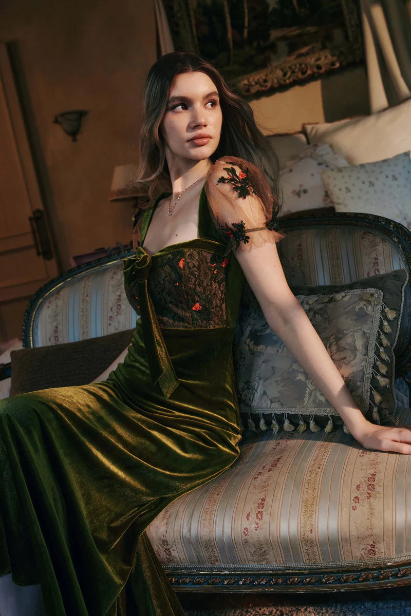 Olive Green Velvet Midi Dresses with Square Neck Sheer Tulle Bodice Floral Embroidered Puff Sleeves Velvet Bow and Flared Midi Skirt