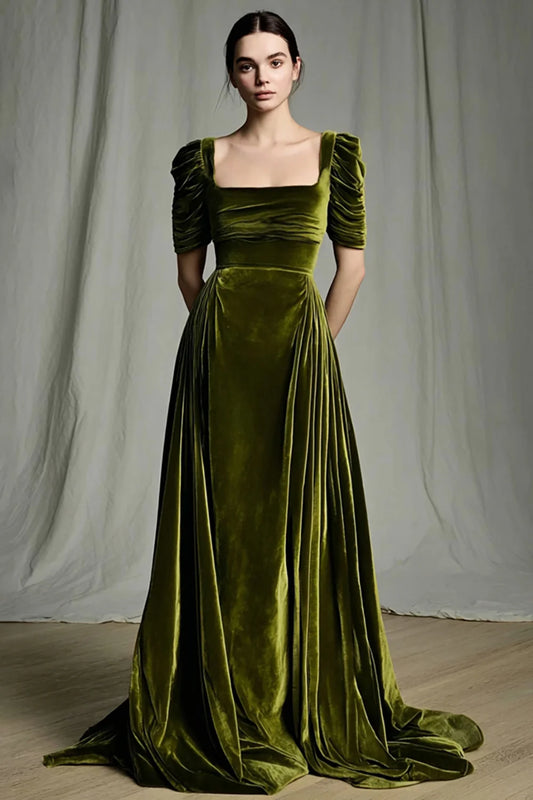 Olive Green Velvet Prom Dress With Square Neckline And Puff Sleeve A Line Silhouette For Formal Evening Party