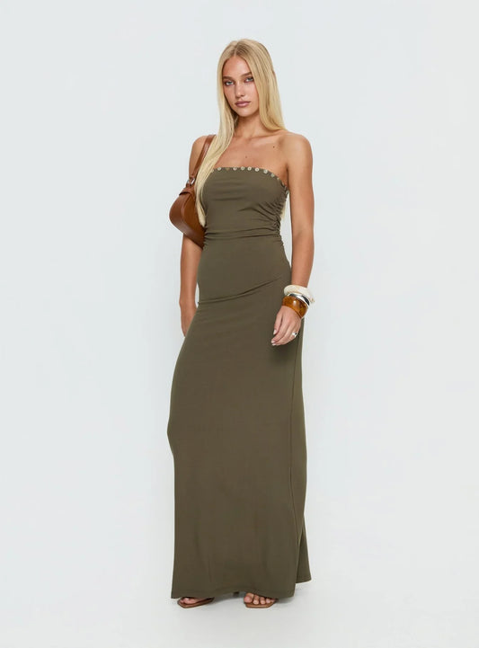 Olive Strapless Prom Dress with Metal Stud Detail and Form Fitting Silhouette for Formal Events and Prom Nights