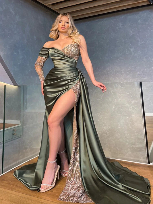 Vestidos de noche de fiesta de corte A con lentejuelas y mangas