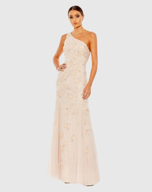 One-Shoulder 3D Floral Appliqué Multi-Strap Back Blush Pink Tulle Mermaid Prom Dresses