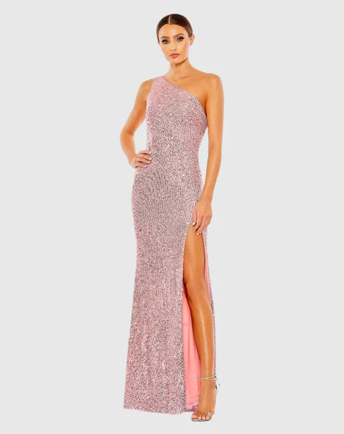 One-Shoulder Sequin Draped Back High Slit Blush Pink Mermaid Prom Dresses