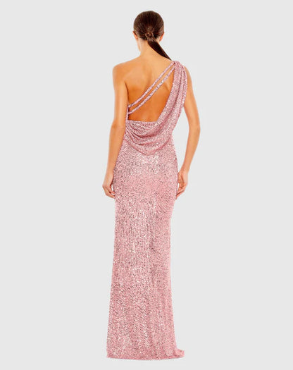One-Shoulder Sequin Draped Back High Slit Blush Pink Mermaid Prom Dresses