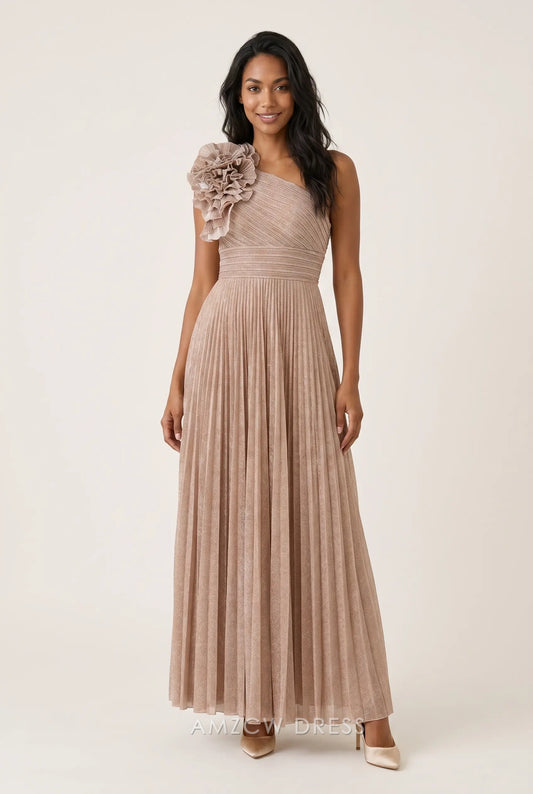 One Shoulder 3D Floral Appliqué Pleated Glitter Knit Floor Length A Line Prom Dress