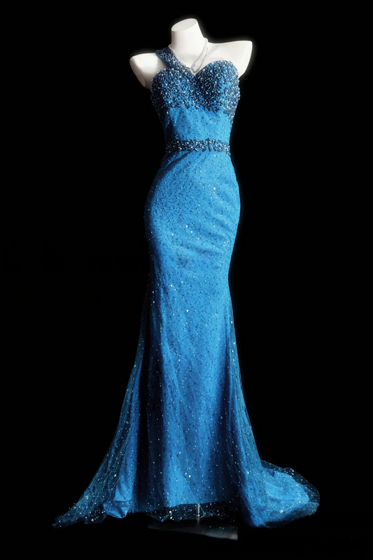One Shoulder Beaded Bodice Glitter Tulle Beaded Waistband Train Mermaid Prom Dresses