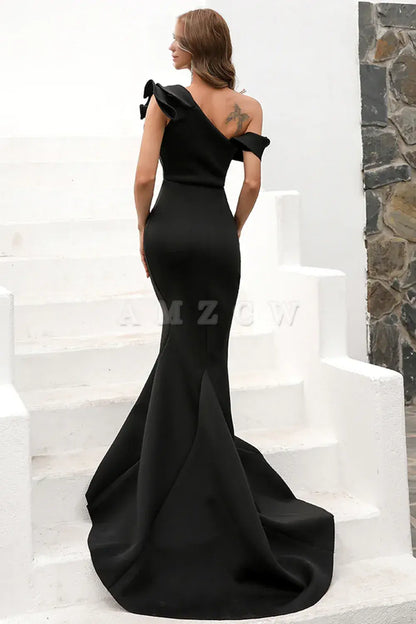 Amzcw One Shoulder Mermaid Black Prom Dress gowns evening dresses prom dresses shops ﻿