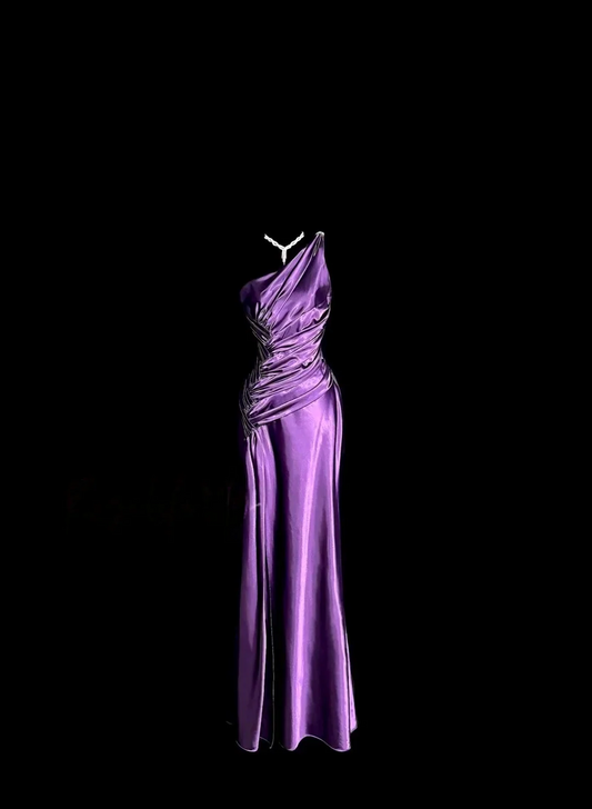 One Shoulder Ruched Waist Satin Beaded Strap Back Train Mermaid Prom Dresses