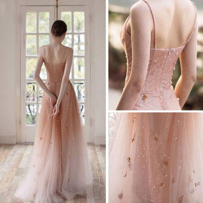 Open Back Spaghetti Straps Prom Dresses Ombre Tulle V Neck Pink Beauty Prom Gowns
