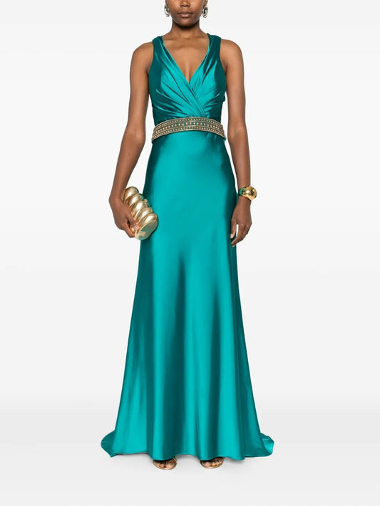 Opulent Teal Satin V-Neck Cross-Back Prom Dress