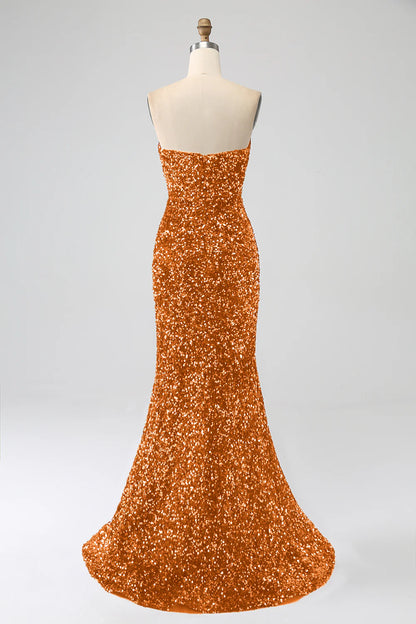 Amzcw Orange Mermaid Strapless Sequins Long Prom Dress With Slit