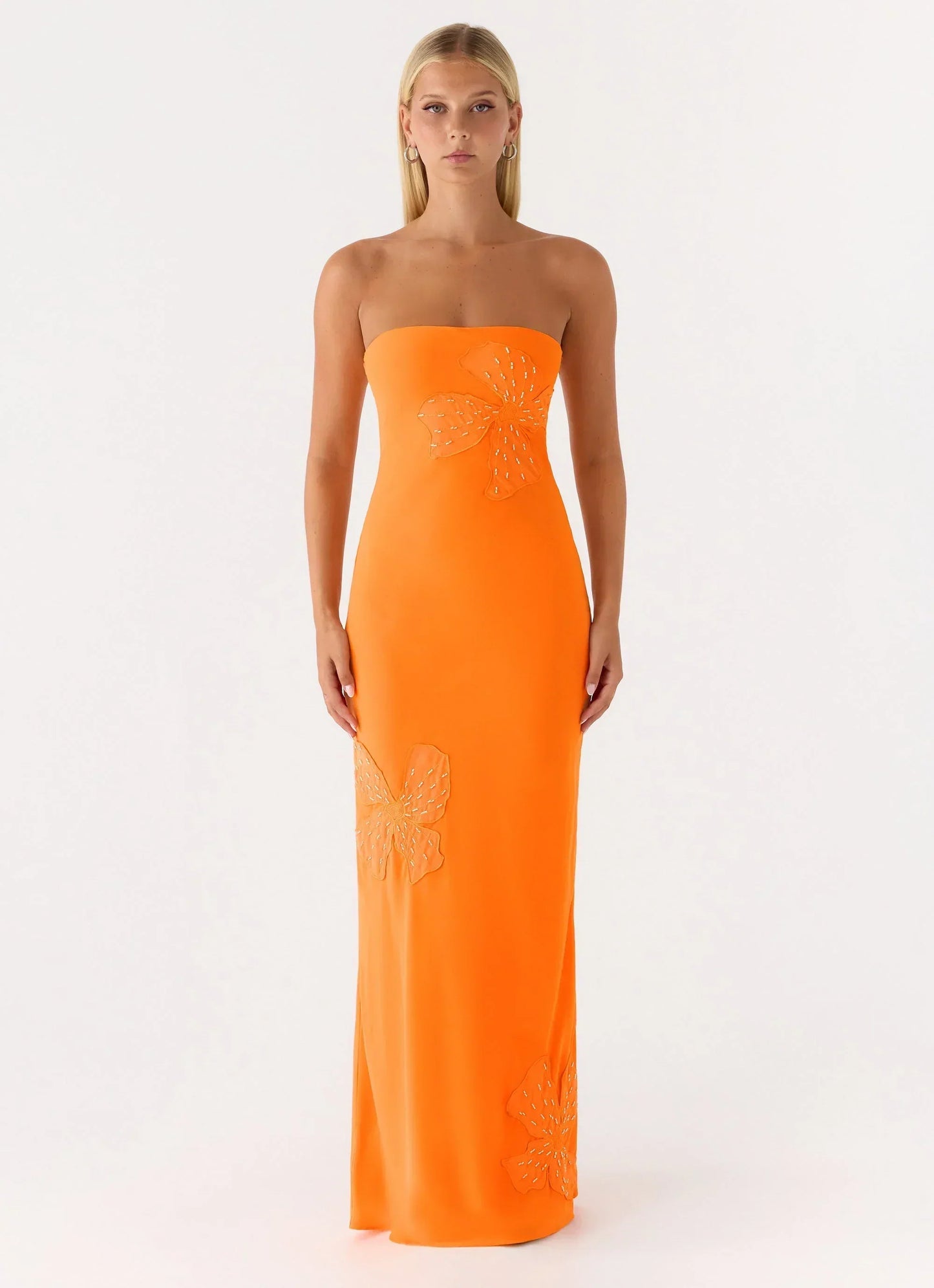 Orange Strapless Embellished Floral Applique Bodycon Floor Length Formal Evening Prom Dress