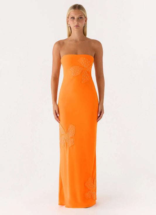 Orange Strapless Embellished Floral Applique Bodycon Floor Length Formal Evening Prom Dress