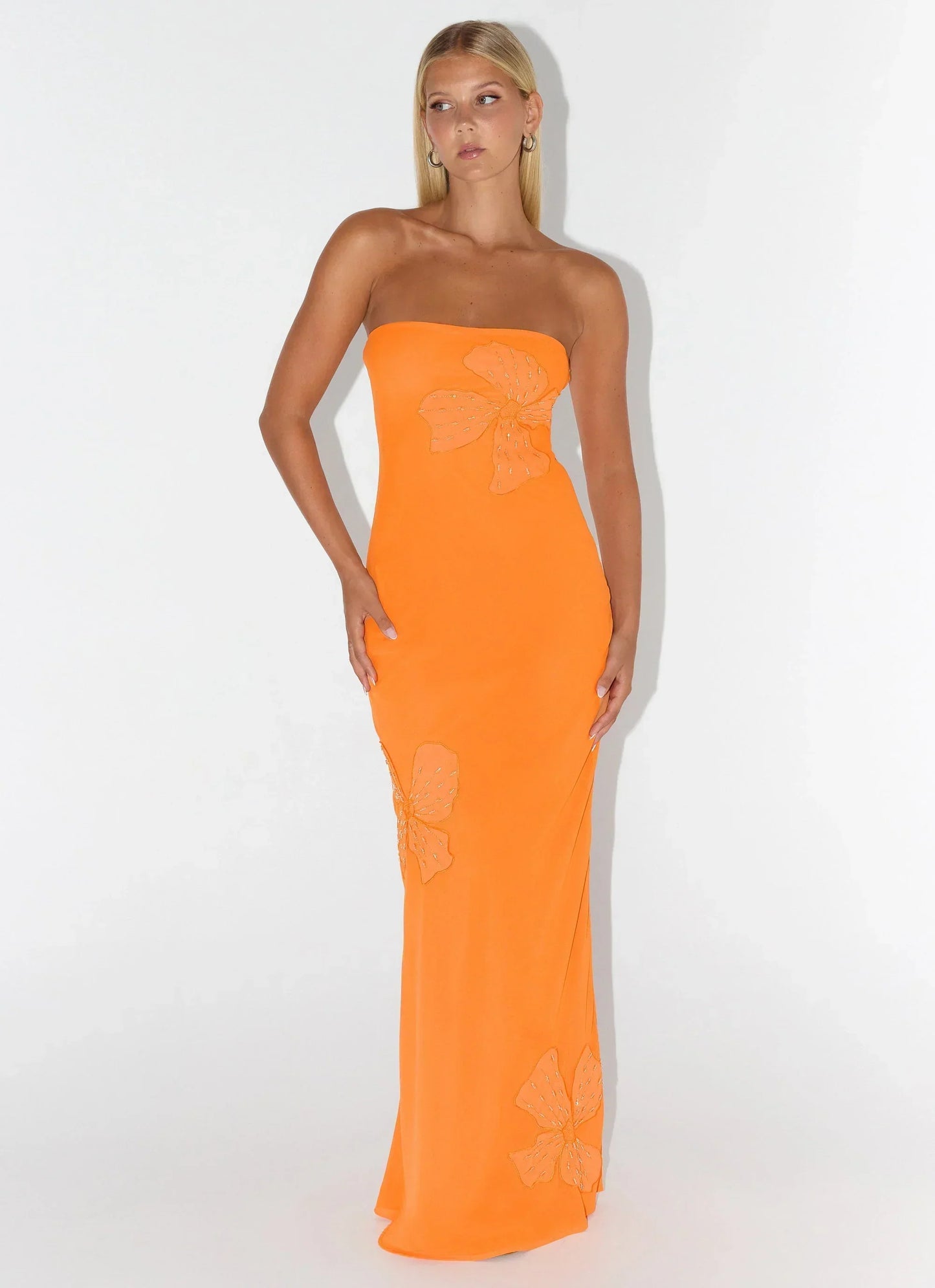 Orange Strapless Embellished Floral Applique Bodycon Floor Length Formal Evening Prom Dress