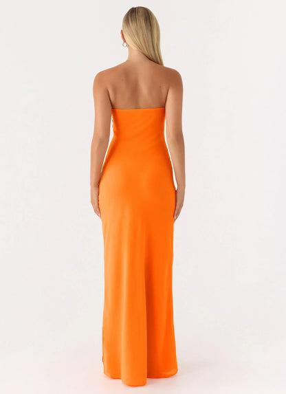 Orange Strapless Embellished Floral Applique Bodycon Floor Length Formal Evening Prom Dress