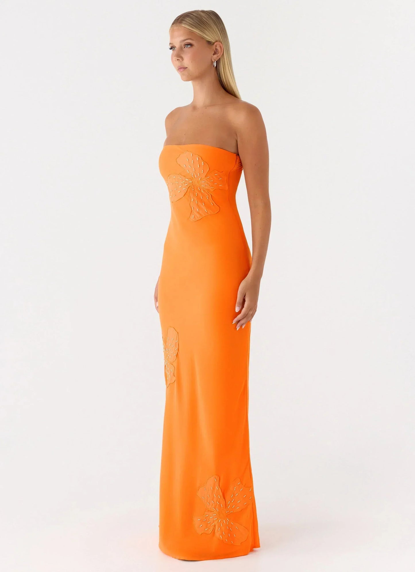 Orange Strapless Embellished Floral Applique Bodycon Floor Length Formal Evening Prom Dress