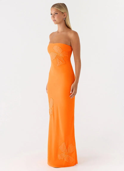 Orange Strapless Embellished Floral Applique Bodycon Floor Length Formal Evening Prom Dress