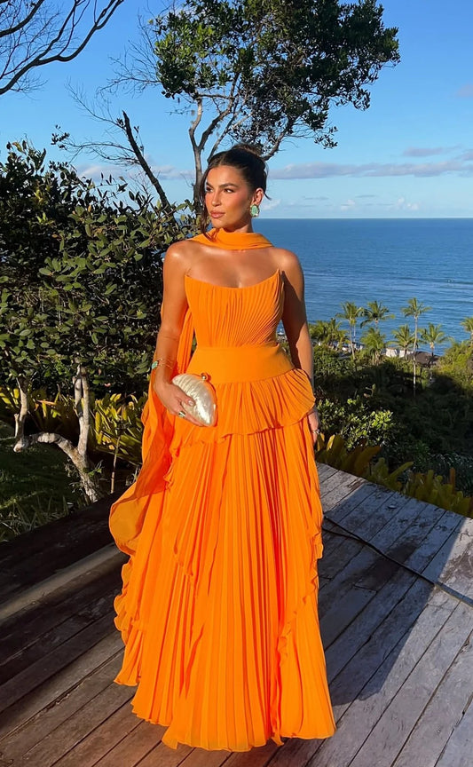 Orange Strapless Prom Dress With Chiffon Shawl And Tiered Pleated A Line Formal Prom Dress