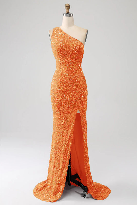 Amzcw Orange Mermaid One Shoulder Sparkly Sequins Prom Dress with Slit