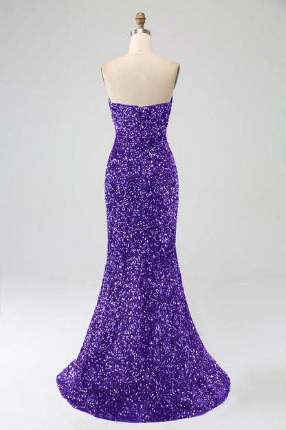 Amzcw Orchid Mermaid Strapless Sequins Long Prom Dress With Slit