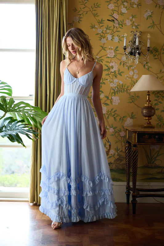 Pale Blue Chiffon Sweetheart Neckline Tiered Ruffle Maxi Evening Dress