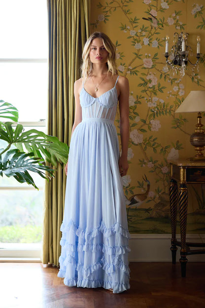 Pale Blue Chiffon Sweetheart Neckline Tiered Ruffle Maxi Evening Dress