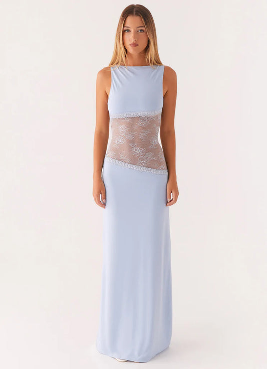 Pale Blue Lace Insert Backless Maxi Dress Sleeveless Party Gown