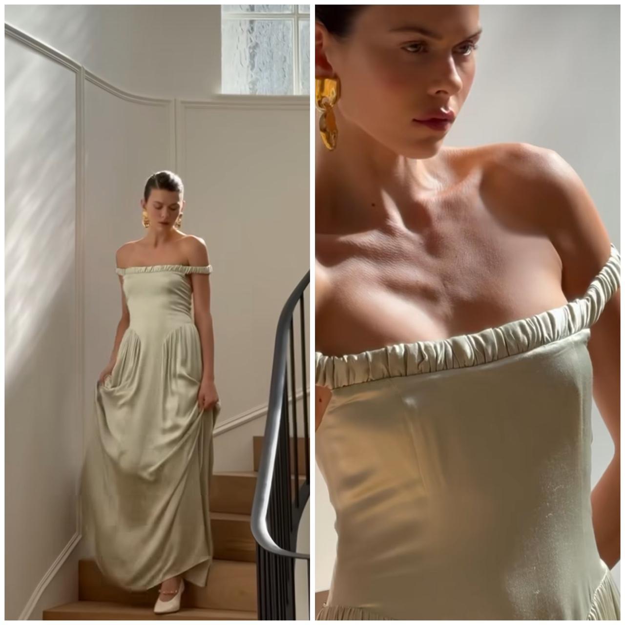 Pale Sage Satin Off-The-Shoulder Ruched Bodice Maxi Evening Dress