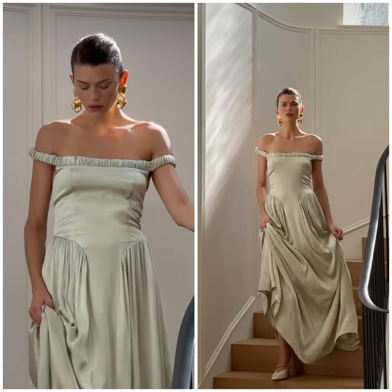 Pale Sage Satin Off-The-Shoulder Ruched Bodice Maxi Evening Dress