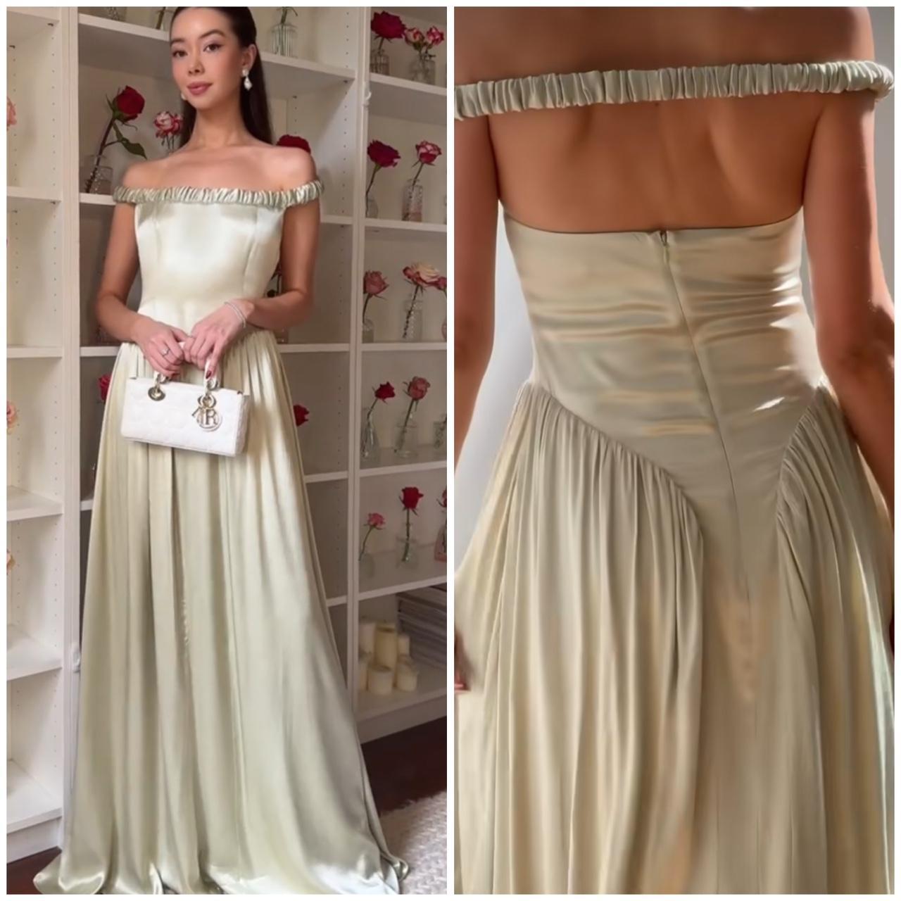 Pale Sage Satin Off-The-Shoulder Ruched Bodice Maxi Evening Dress