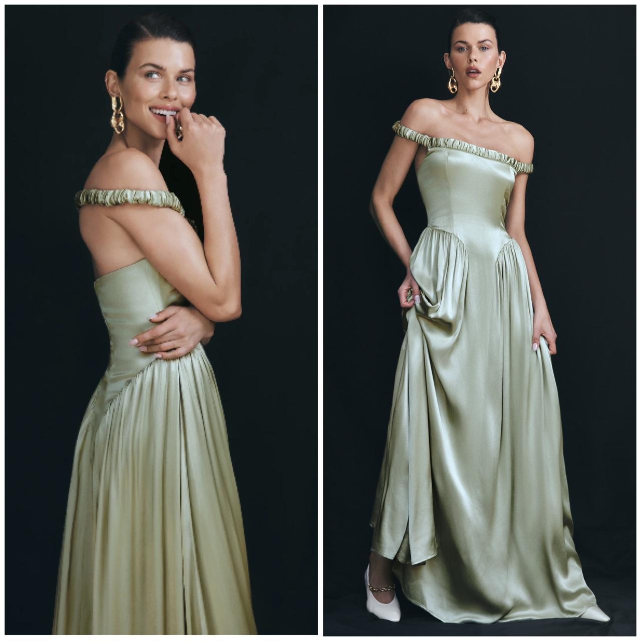 Pale Sage Satin Off-The-Shoulder Ruched Bodice Maxi Evening Dress