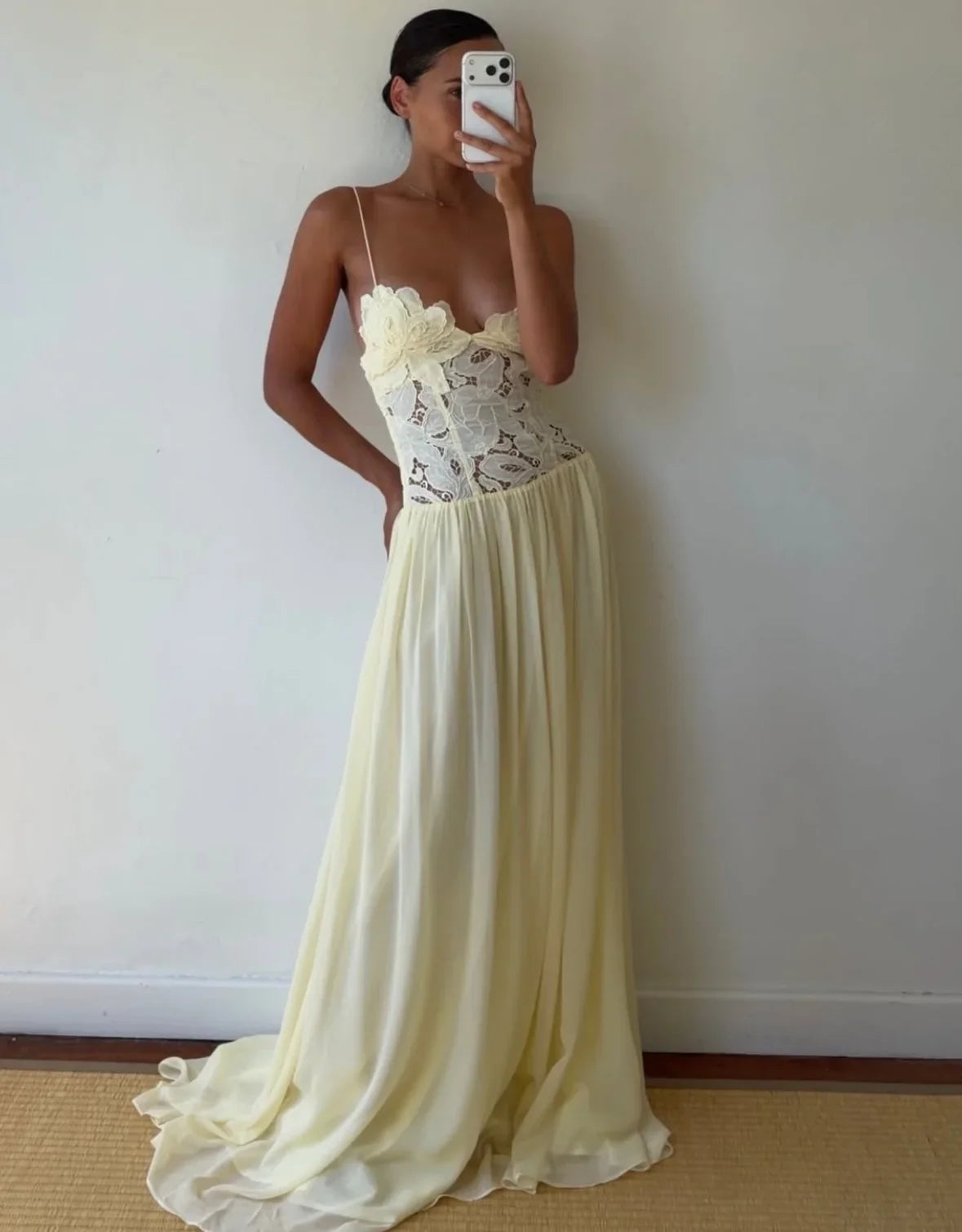 Pale Yellow Chiffon Lace Insert Cross Back Spaghetti Strap Maxi Prom Dress