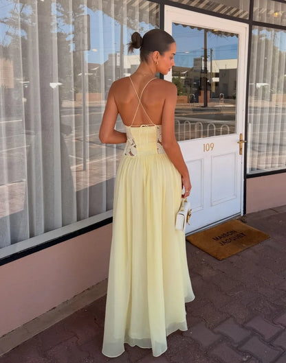 Pale Yellow Chiffon Lace Insert Cross Back Spaghetti Strap Maxi Prom Dress