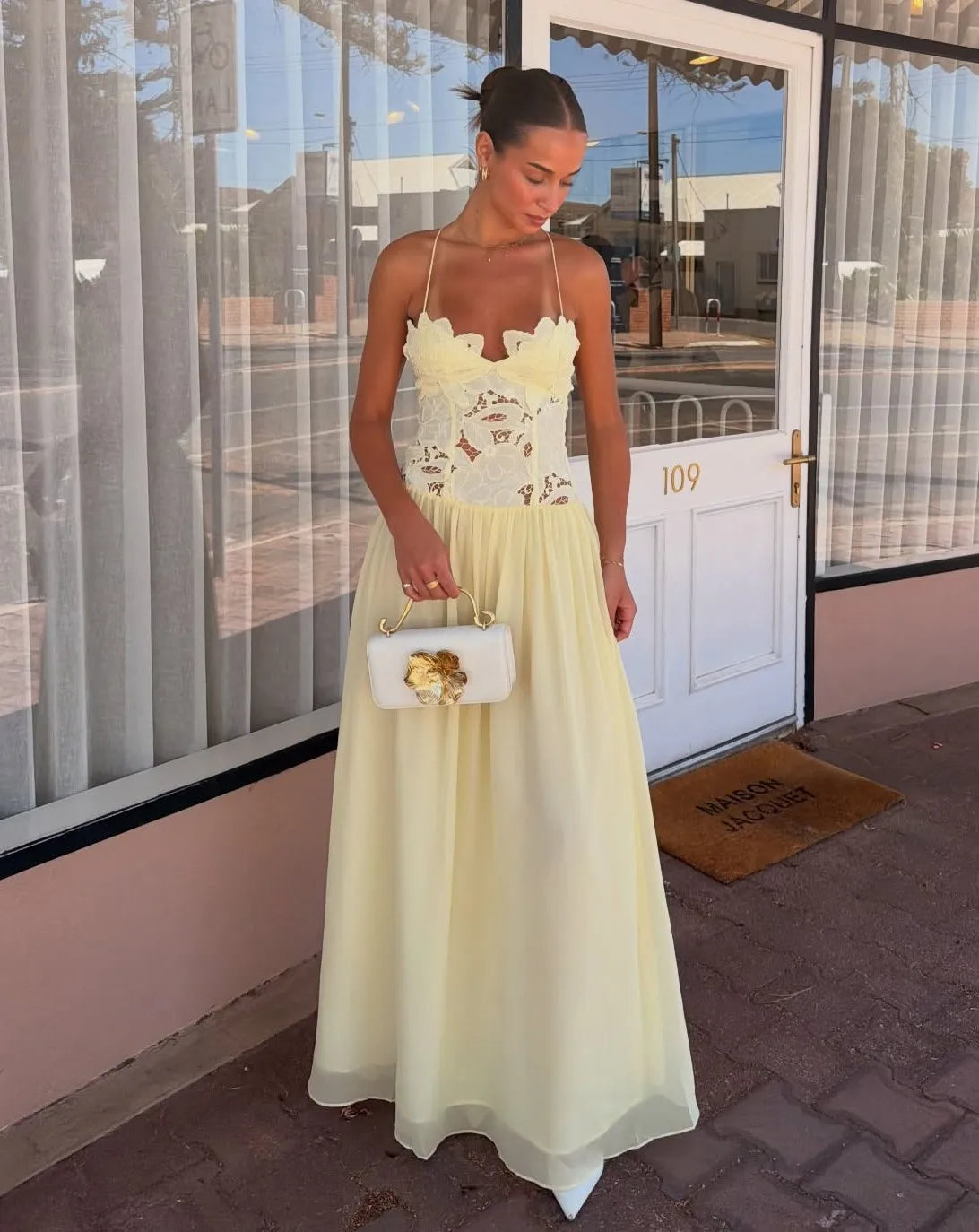 Pale Yellow Chiffon Lace Insert Cross Back Spaghetti Strap Maxi Prom Dress