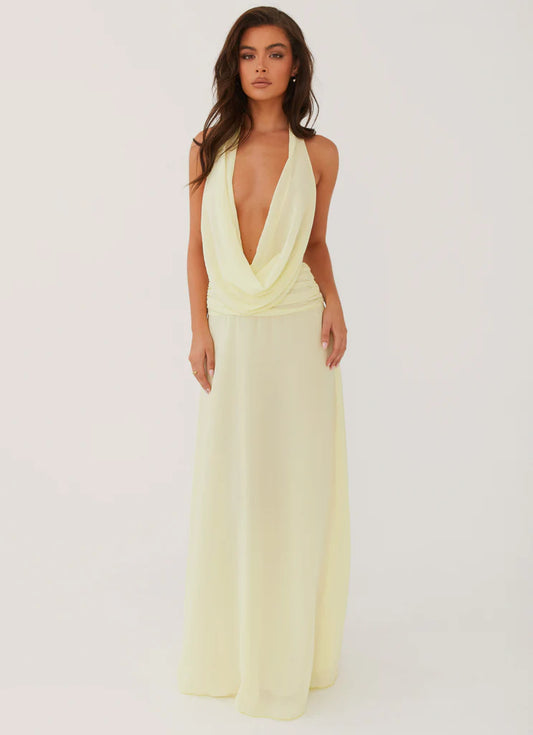 Pale Yellow Cowl Neck Halter Open Back Maxi Prom Dress For Events