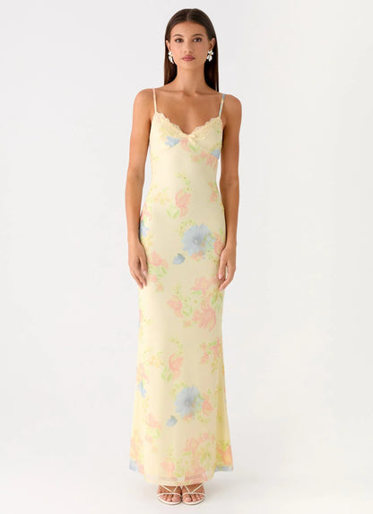 Pale Yellow Floral Print Spaghetti Strap Lace Trim V Neck Floor Length Formal Evening Prom Dress