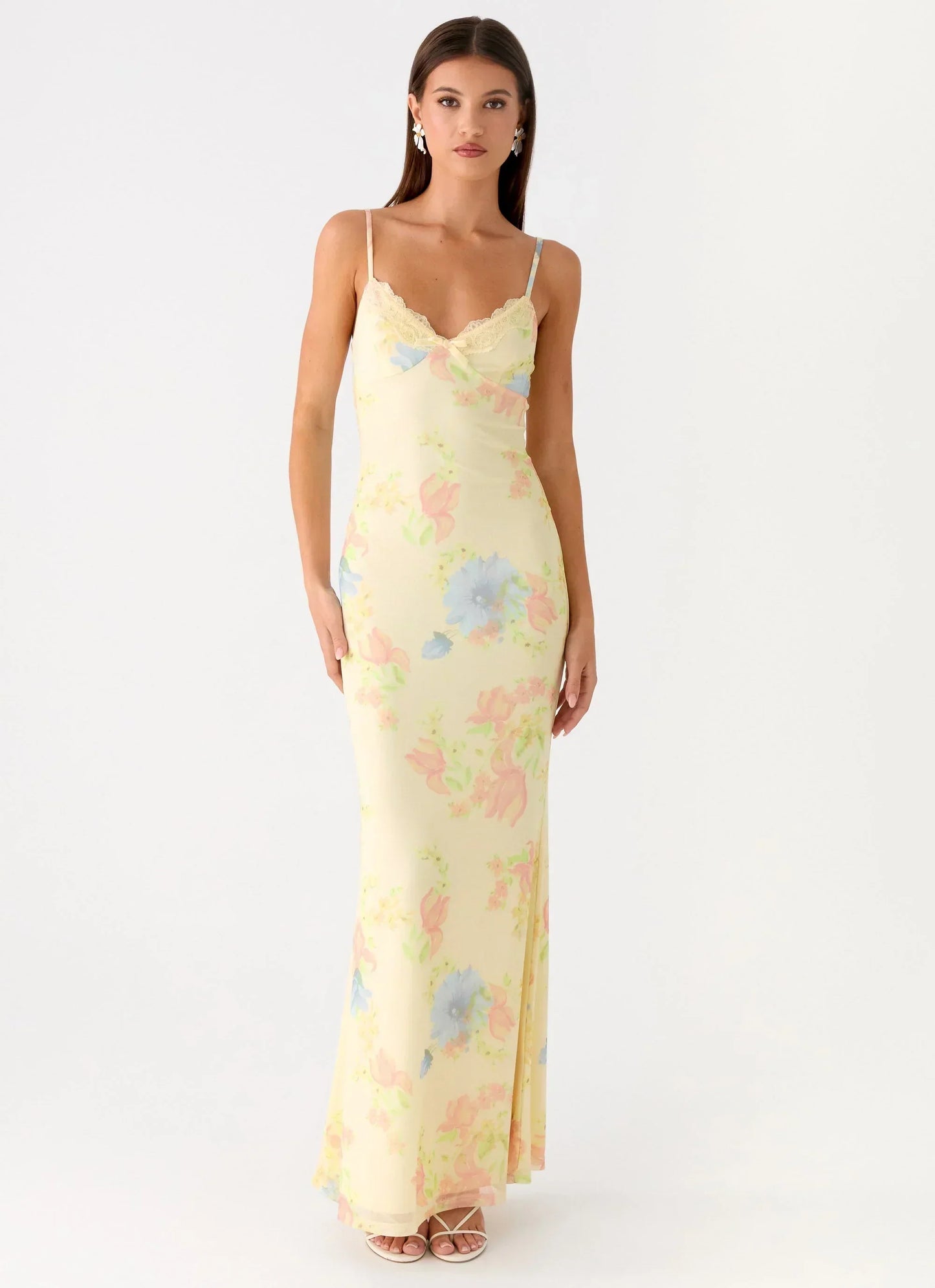 Pale Yellow Floral Print Spaghetti Strap Lace Trim V Neck Floor Length Formal Evening Prom Dress