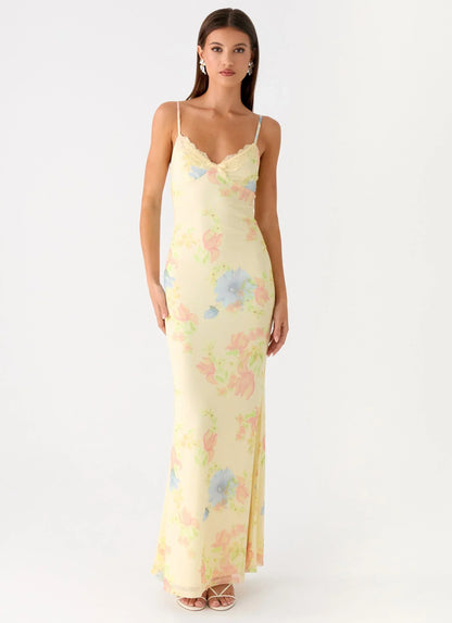 Pale Yellow Floral Print Spaghetti Strap Lace Trim V Neck Floor Length Formal Evening Prom Dress